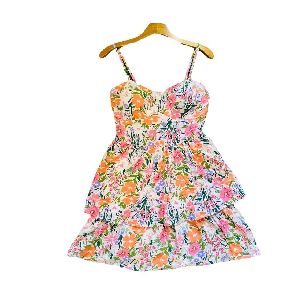 Auu Pink strap Corset Tiered Mini Dress SZ L Romantic Ditzy Floral Cottagecore
